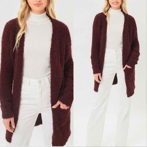 COZY FUZZY KNIT LONG CARDIGAN SWEATER  - WINE